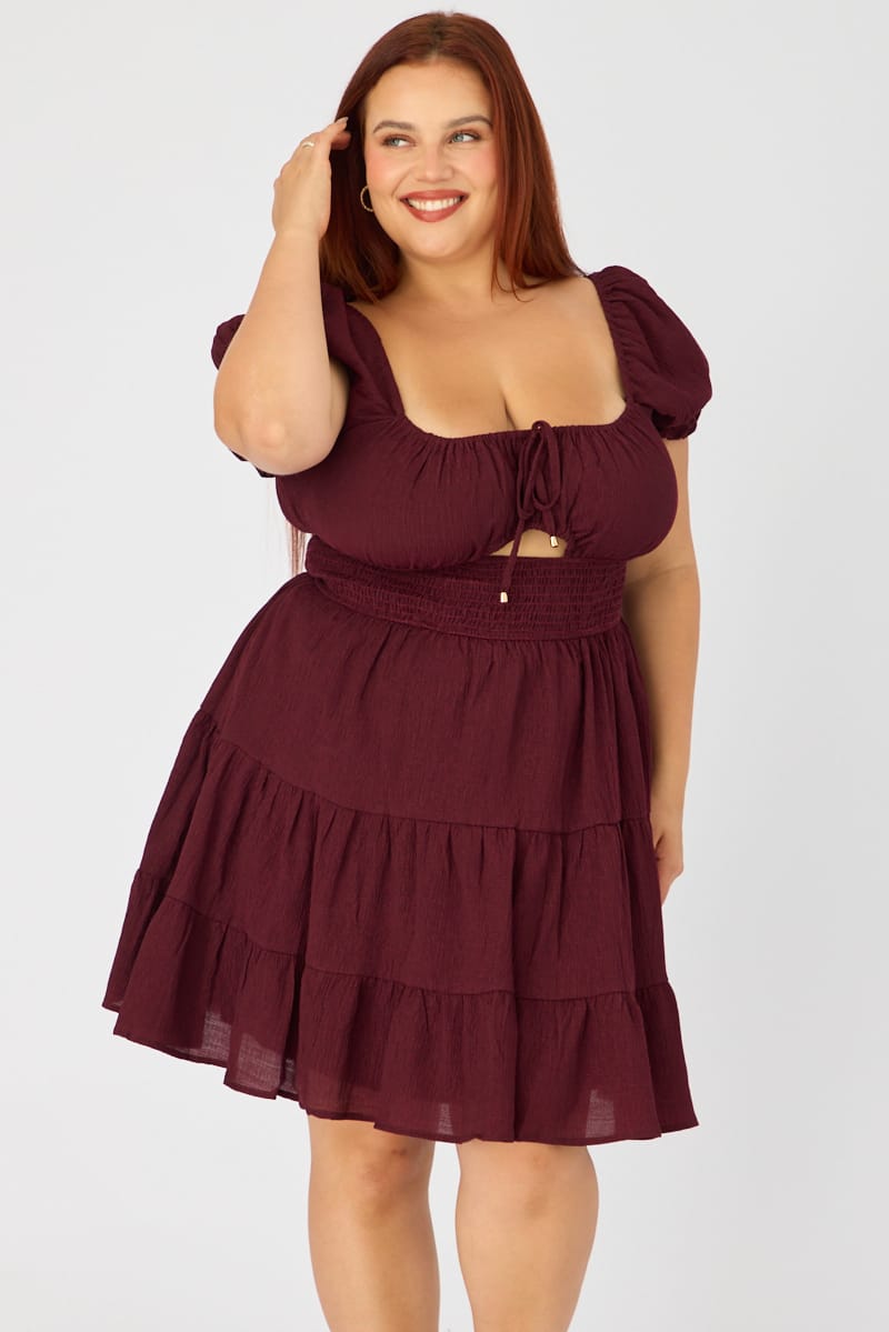 Red Skater Dress Short Sleeve Ruched Bust Cut Out for YouandAll Fashion
