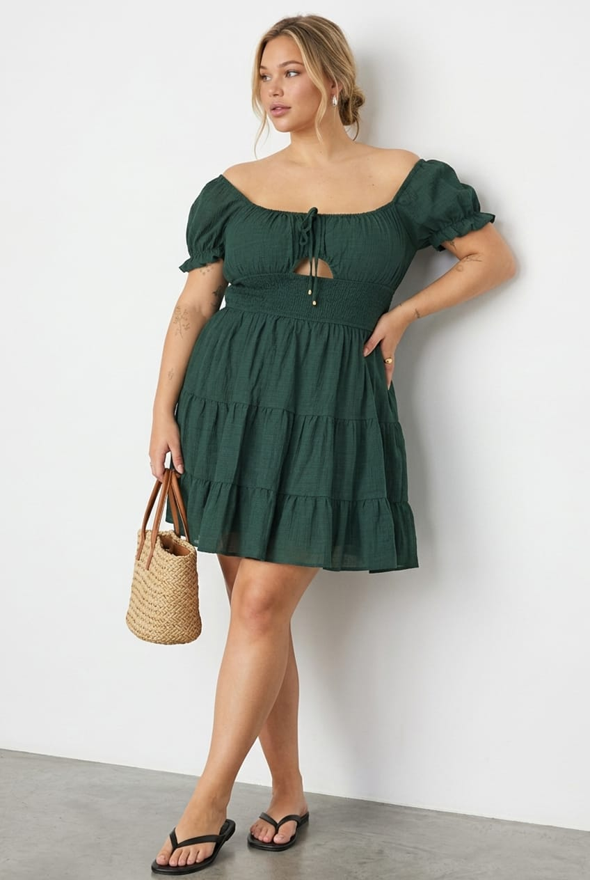 Green Skater Dress Short Sleeve Ruched Bust Cut Out for YouandAll Fashion