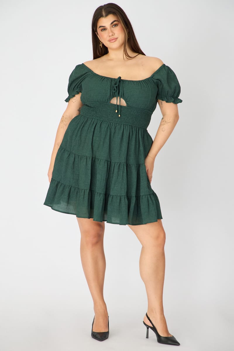 Green Skater Dress Short Sleeve Ruched Bust Cut Out for YouandAll Fashion