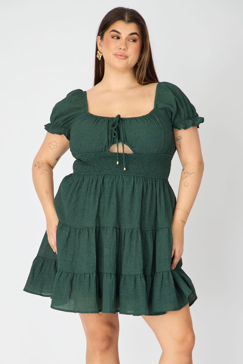 Green Skater Dress Short Sleeve Ruched Bust Cut Out for YouandAll Fashion
