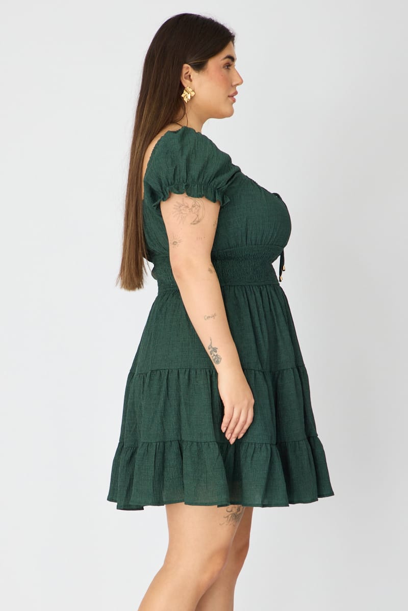 Green Skater Dress Short Sleeve Ruched Bust Cut Out for YouandAll Fashion