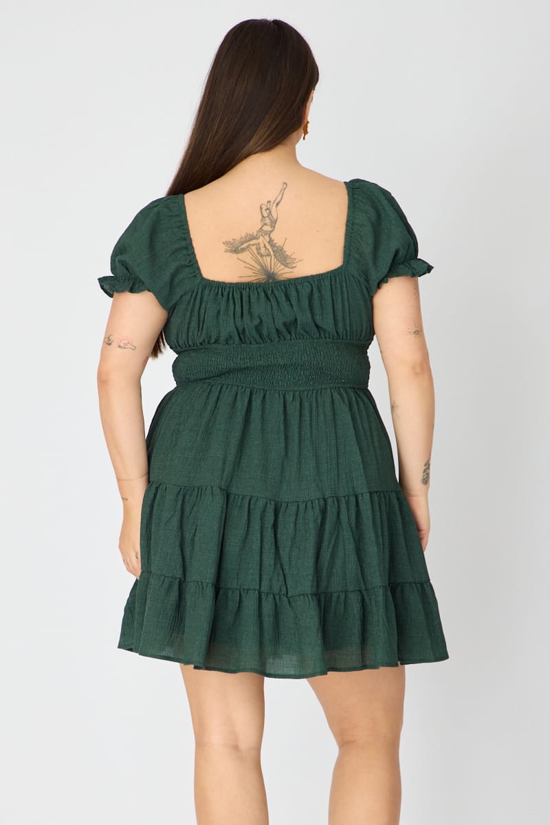 Green Skater Dress Short Sleeve Ruched Bust Cut Out for YouandAll Fashion