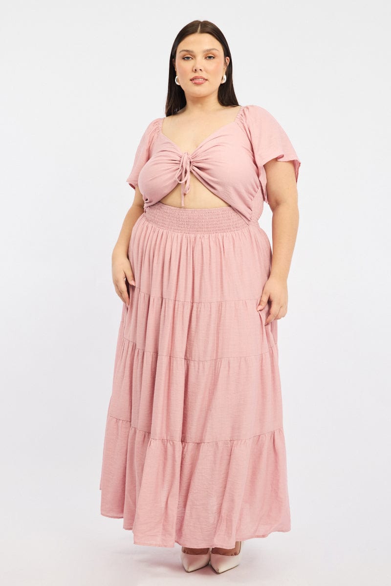 Pink Maxi Dress Short Sleeve Ruched Cut Out for YouandAll Fashion