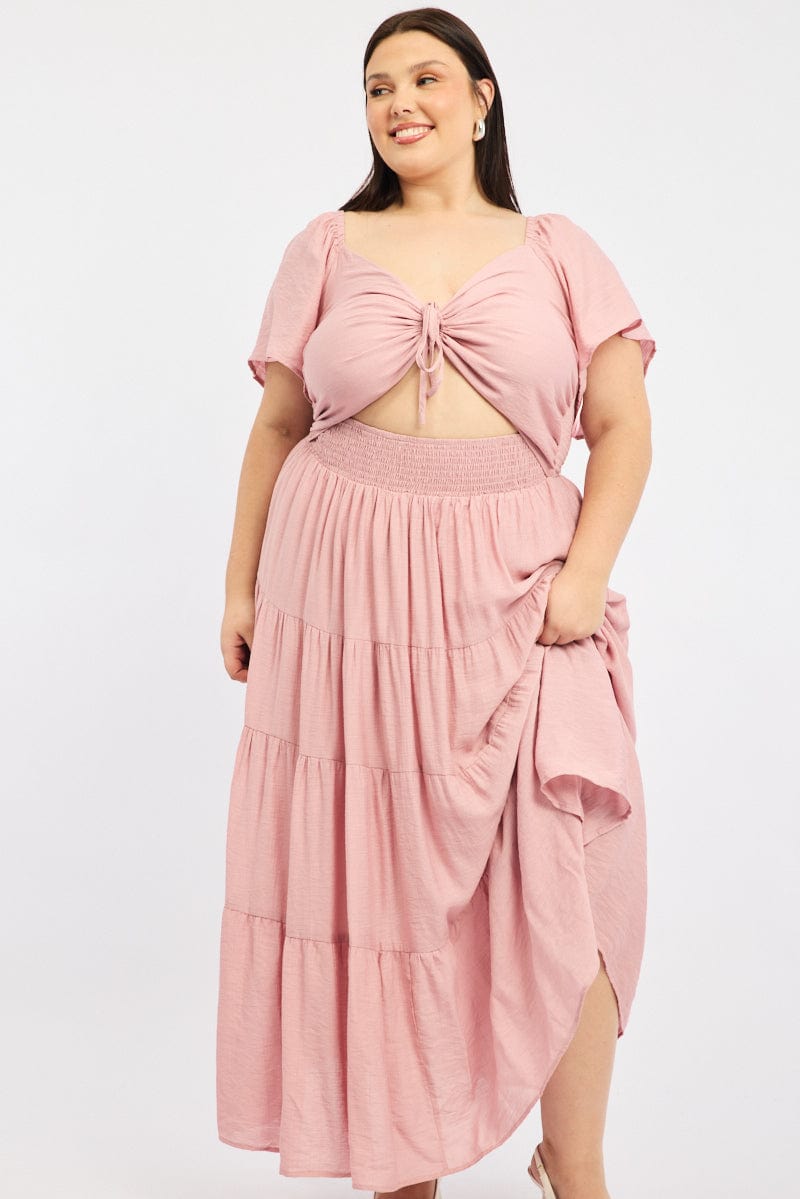 Pink Maxi Dress Short Sleeve Ruched Cut Out for YouandAll Fashion