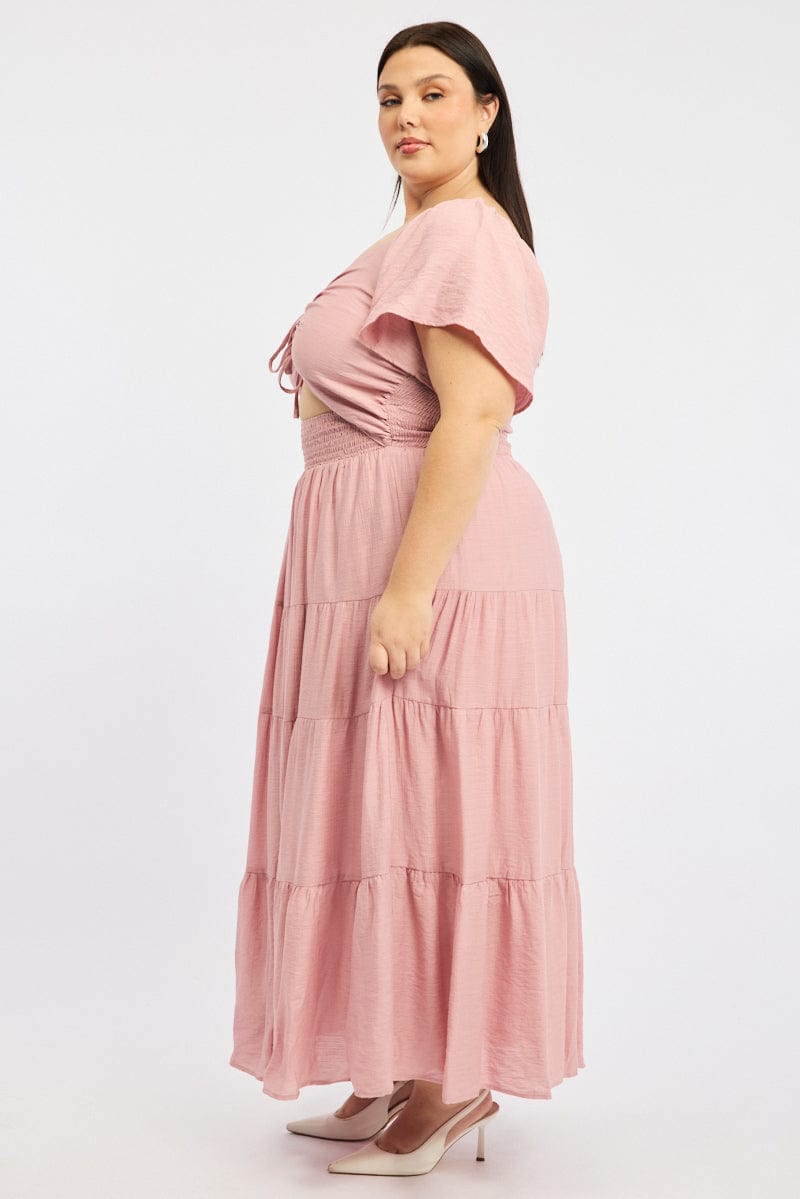 Pink Maxi Dress Short Sleeve Ruched Cut Out for YouandAll Fashion