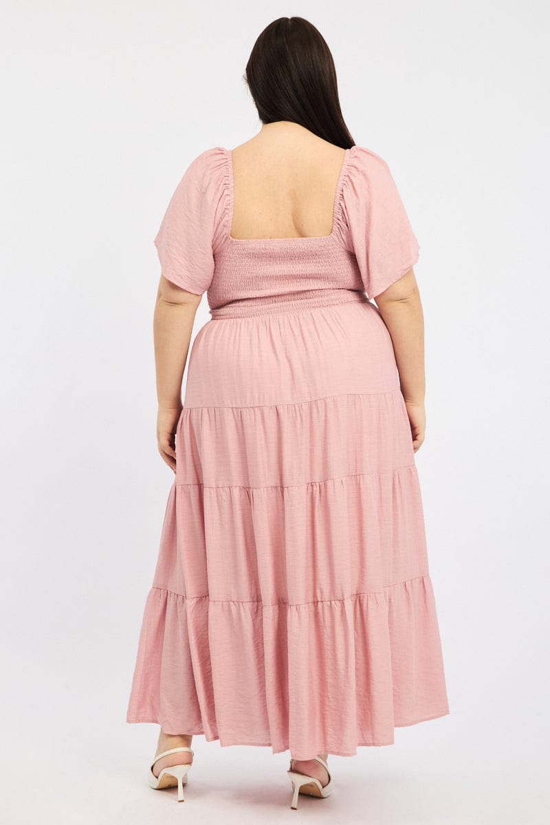 Pink Maxi Dress Short Sleeve Ruched Cut Out for YouandAll Fashion