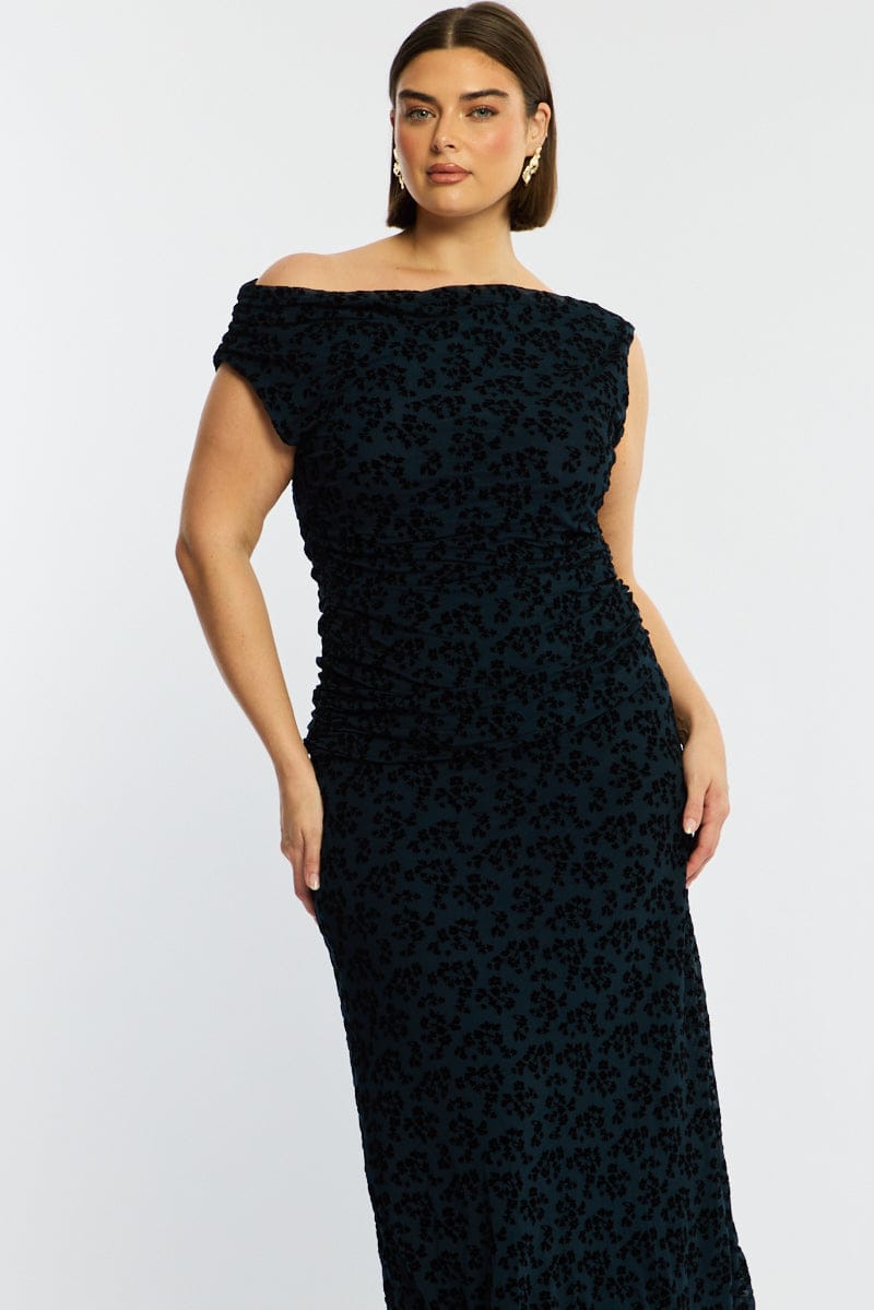 Blue Floral Maxi Dress Asymmetrical Shoulder Mesh Flocking for YouandAll Fashion