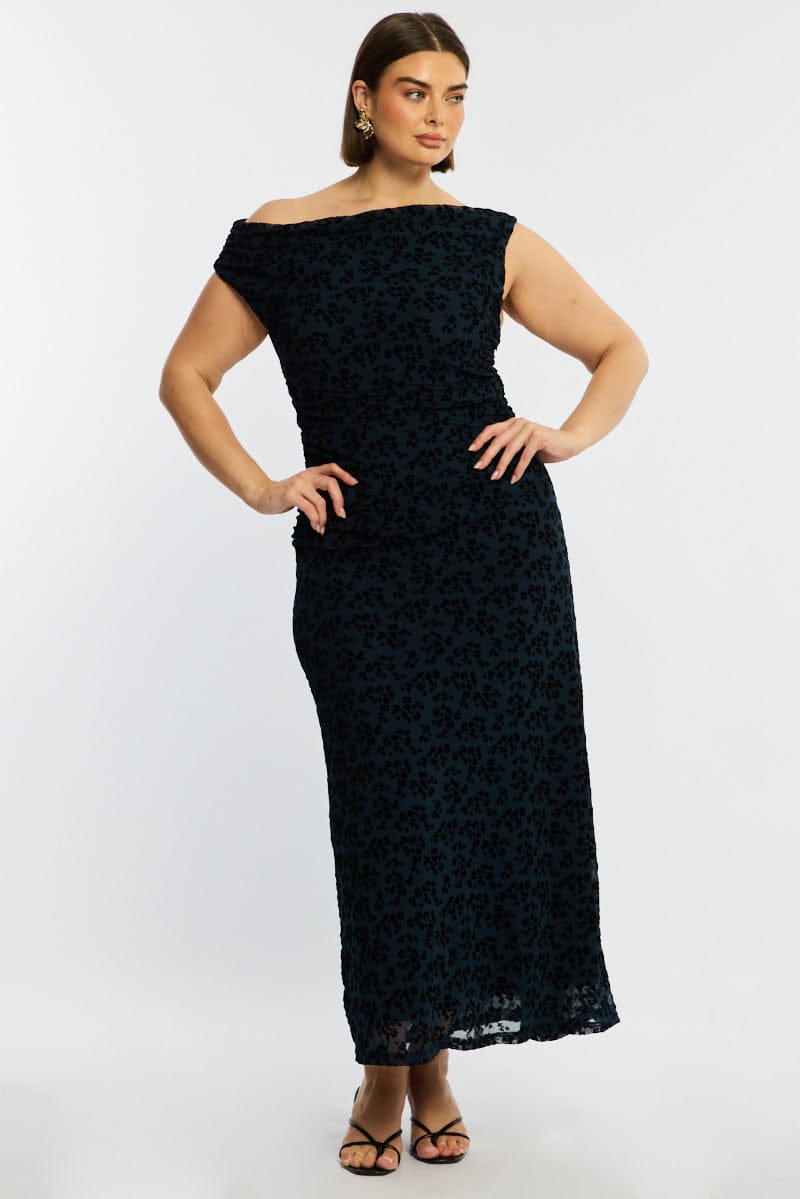 Blue Floral Maxi Dress Asymmetrical Shoulder Mesh Flocking for YouandAll Fashion