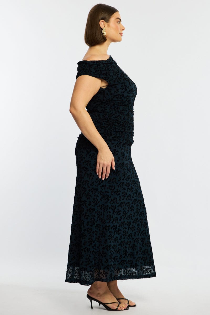 Blue Floral Maxi Dress Asymmetrical Shoulder Mesh Flocking for YouandAll Fashion