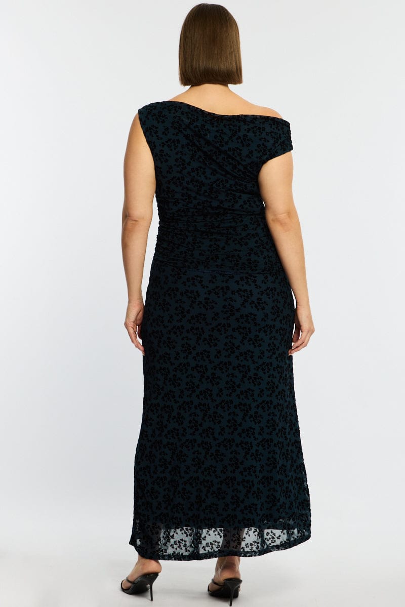 Blue Floral Maxi Dress Asymmetrical Shoulder Mesh Flocking for YouandAll Fashion