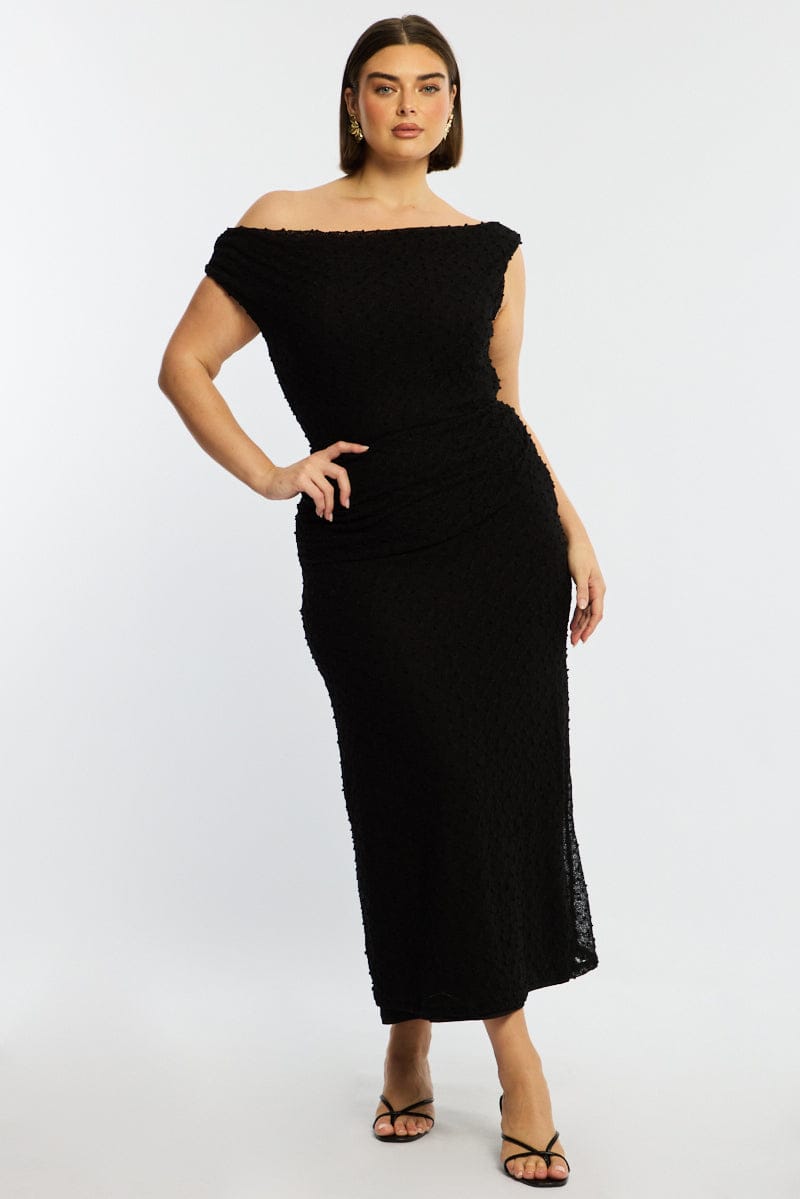 Black Bodycon Dress Textured Off Shoulder for YouandAll Fashion