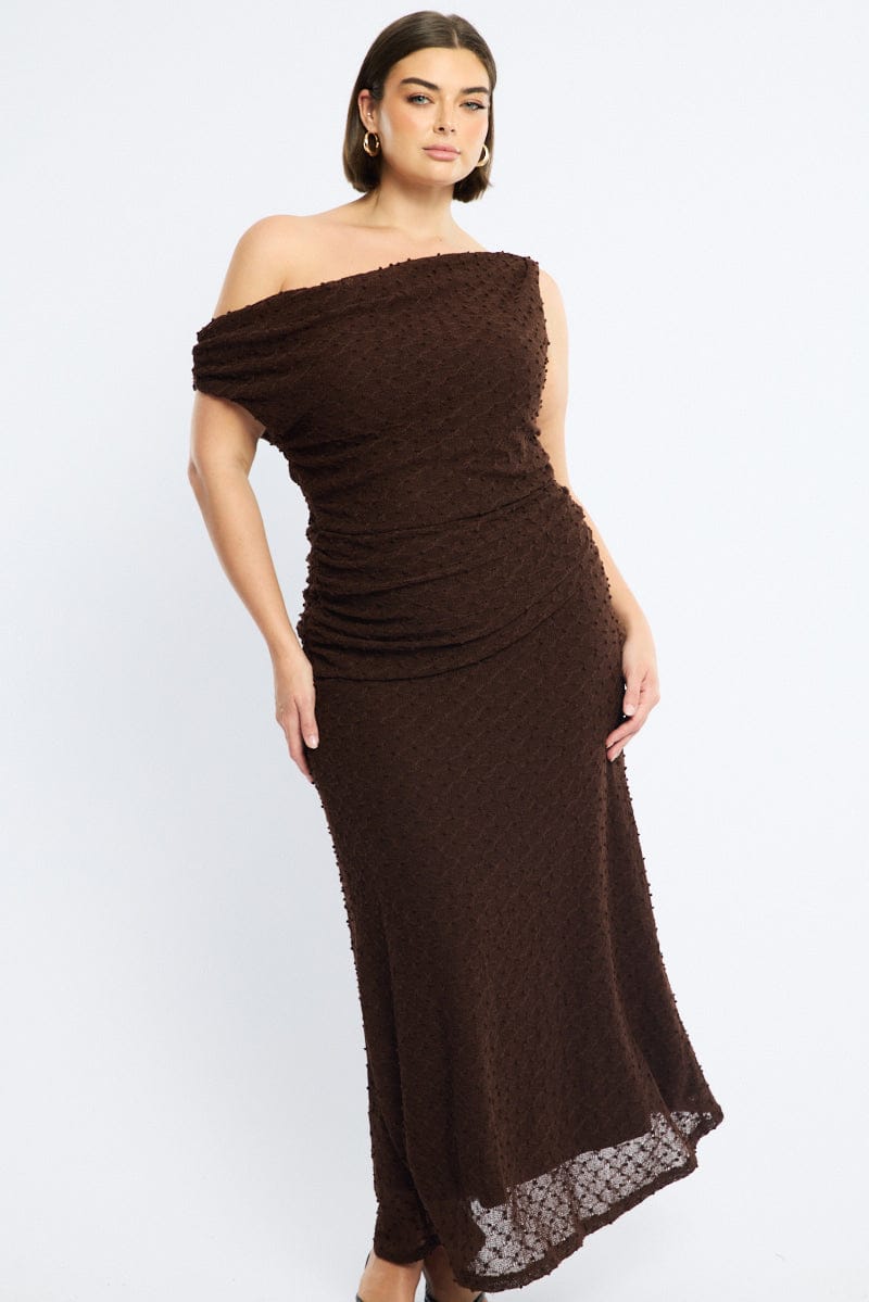 Brown Bodycon Dress Textured Off Shoulder for YouandAll Fashion