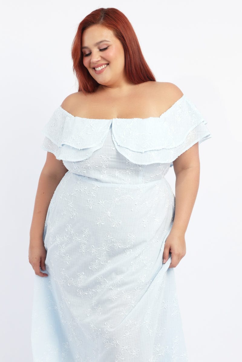 Blue Maxi Dress Off Shoulder Ruffle