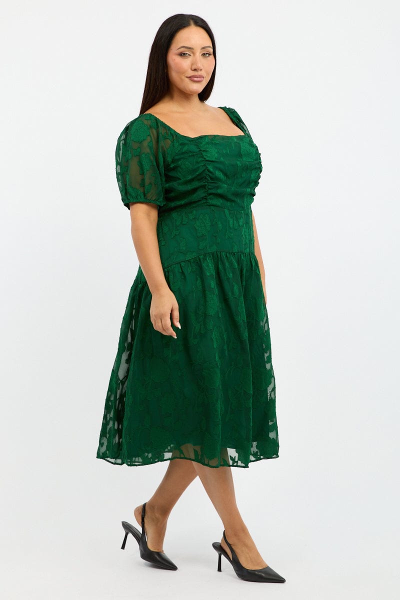 Green Midi Dress Short Sleeve Jacquard for YouandAll Fashion