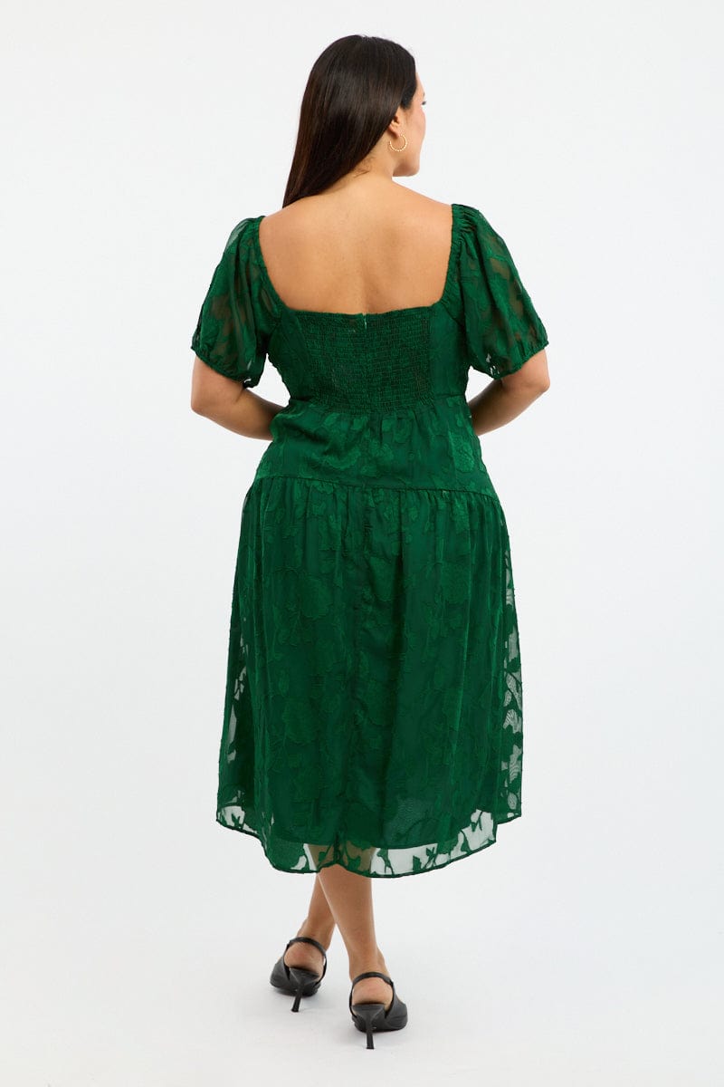 Green Midi Dress Short Sleeve Jacquard for YouandAll Fashion