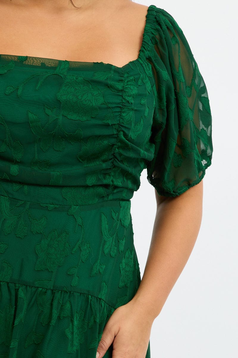 Green Midi Dress Short Sleeve Jacquard for YouandAll Fashion