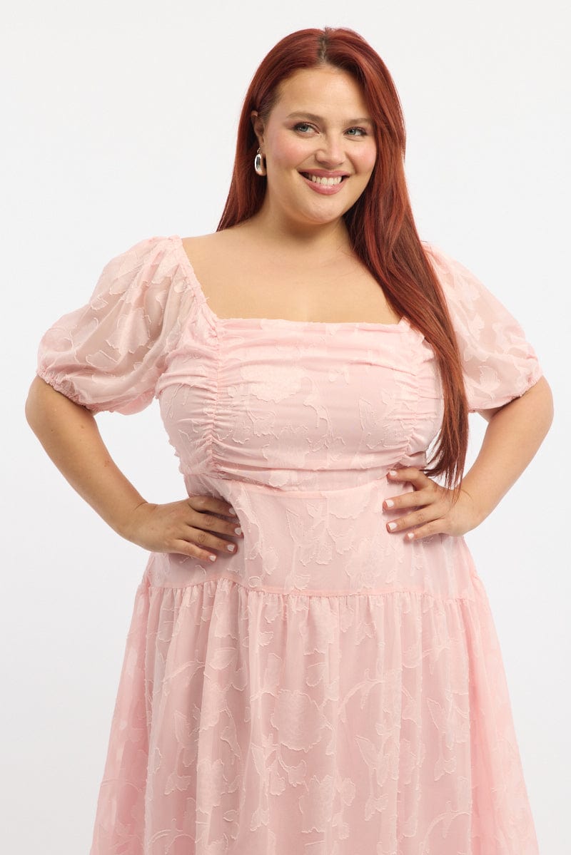 Pink Midi Dress Short Sleeve Jacquard for YouandAll Fashion