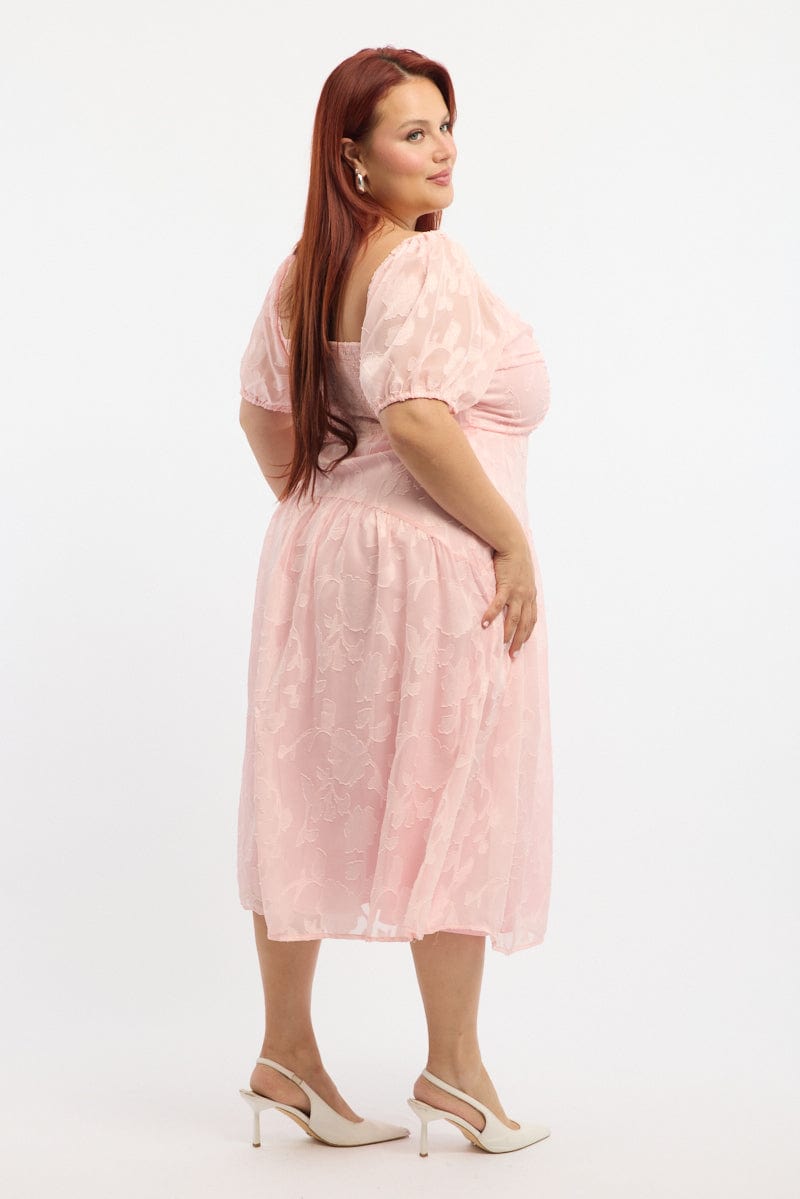 Pink Midi Dress Short Sleeve Jacquard for YouandAll Fashion