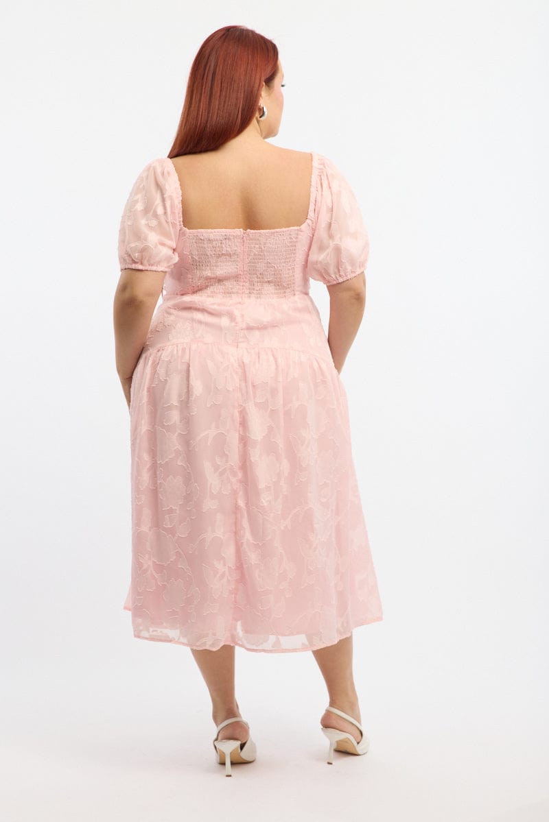 Pink Midi Dress Short Sleeve Jacquard for YouandAll Fashion