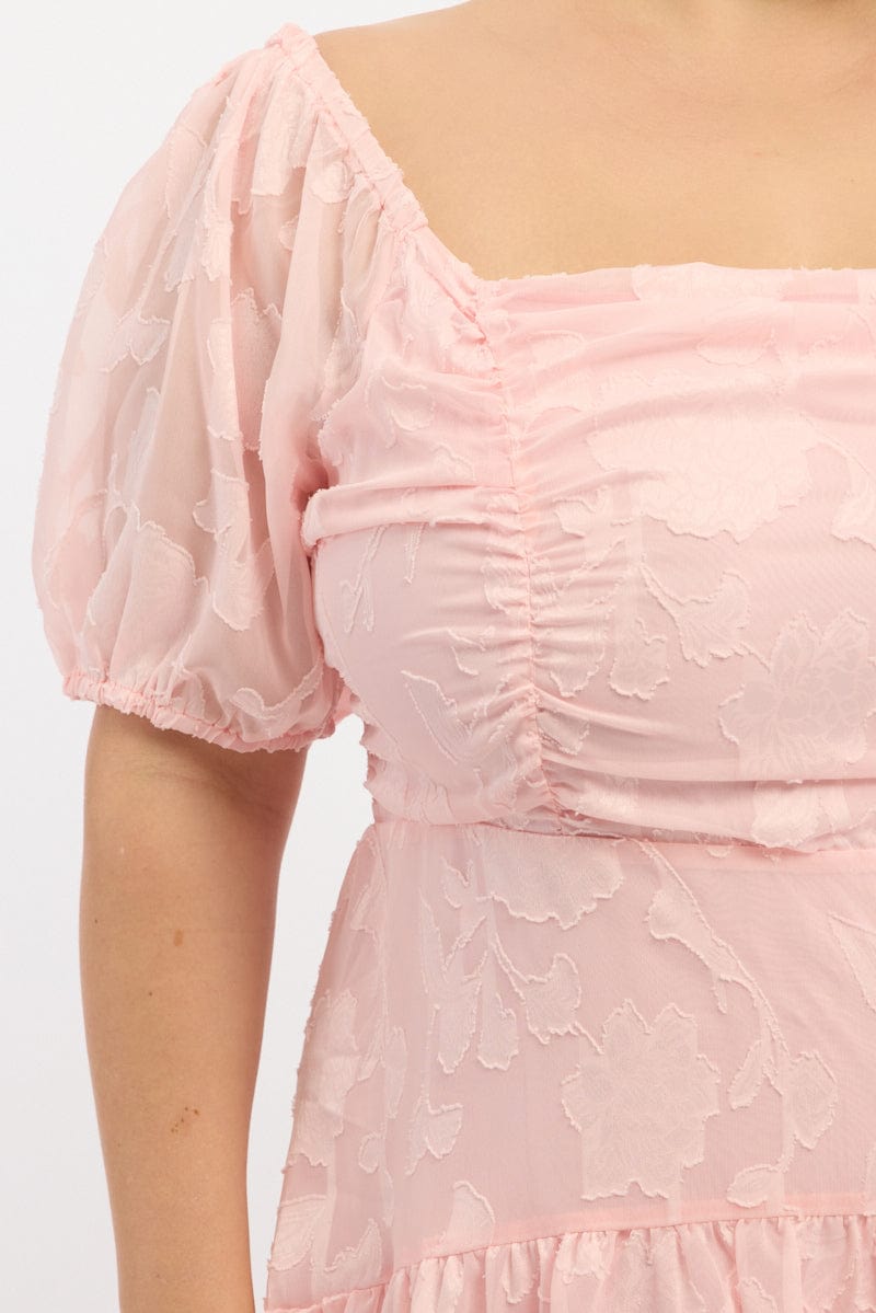 Pink Midi Dress Short Sleeve Jacquard for YouandAll Fashion