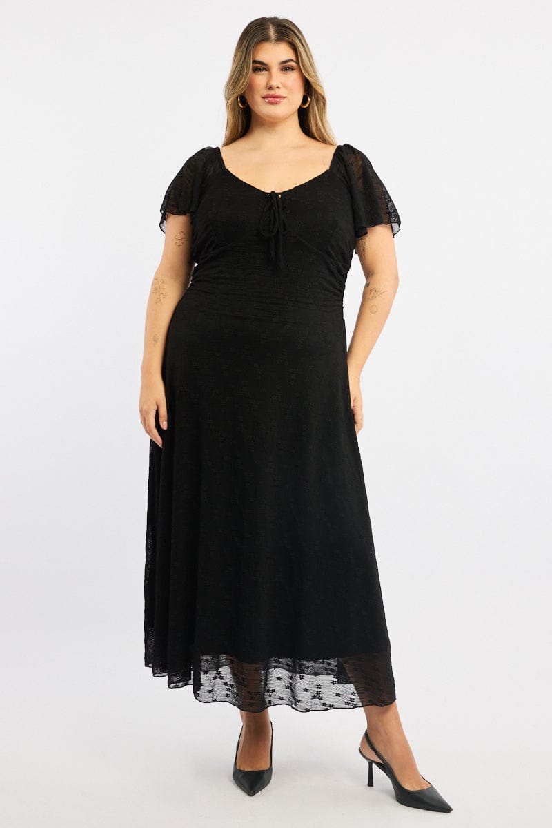 Black Midi Dress Short Sleeve Ruched Lace for YouandAll Fashion