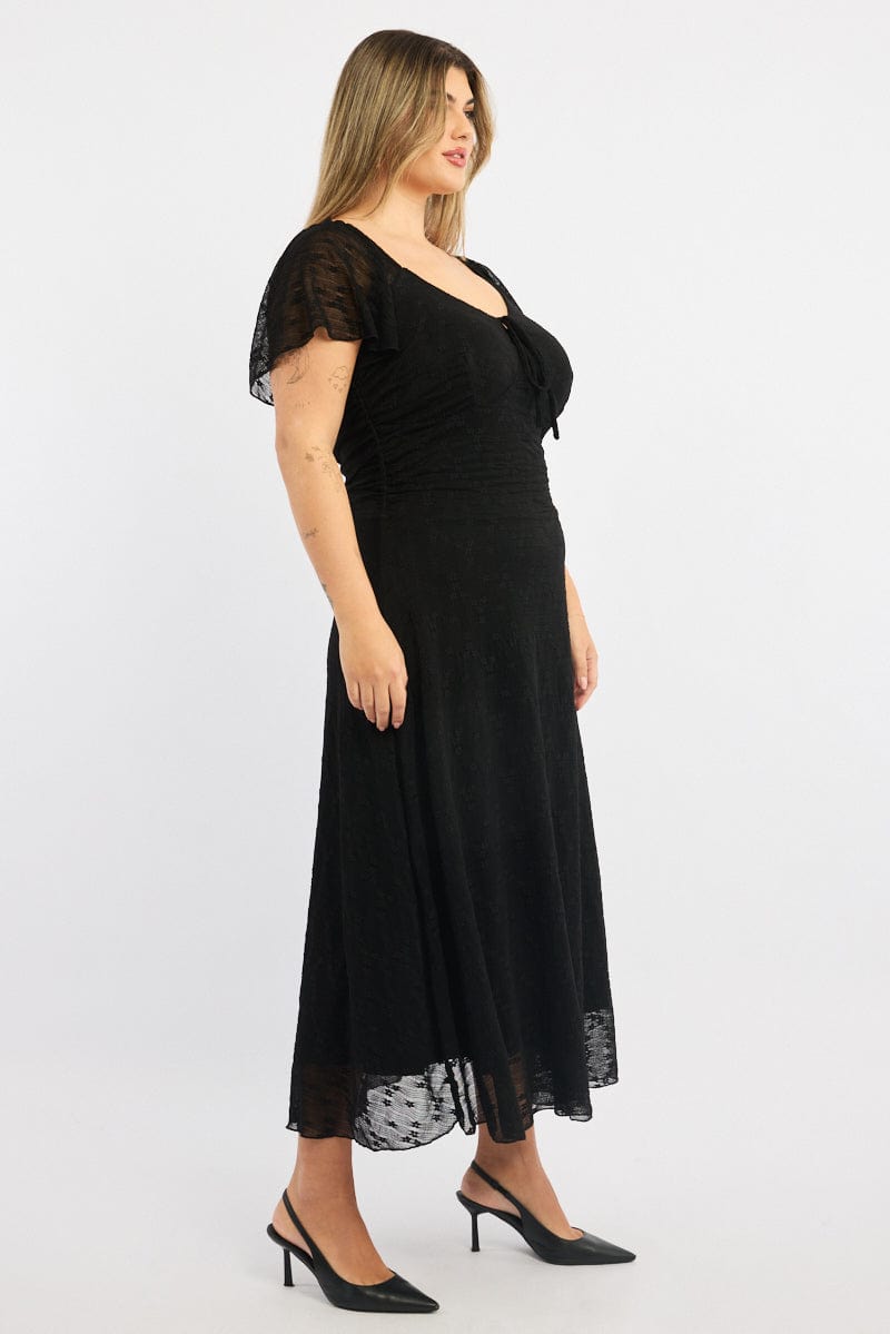 Black Midi Dress Short Sleeve Ruched Lace
