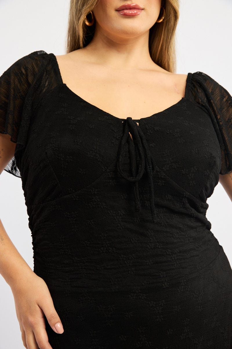 Black Midi Dress Short Sleeve Ruched Lace for YouandAll Fashion