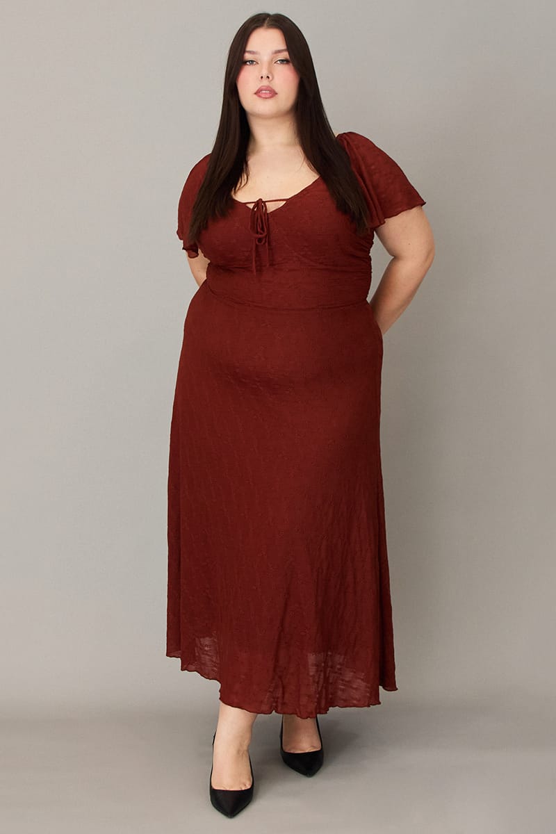 Brown Midi Dress Short Sleeve Lace for YouandAll Fashion
