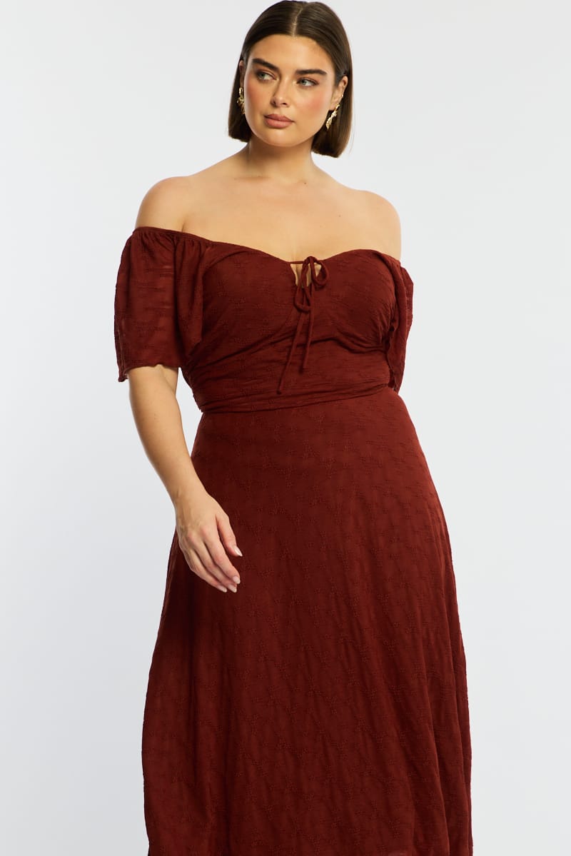 Brown Midi Dress Short Sleeve Lace