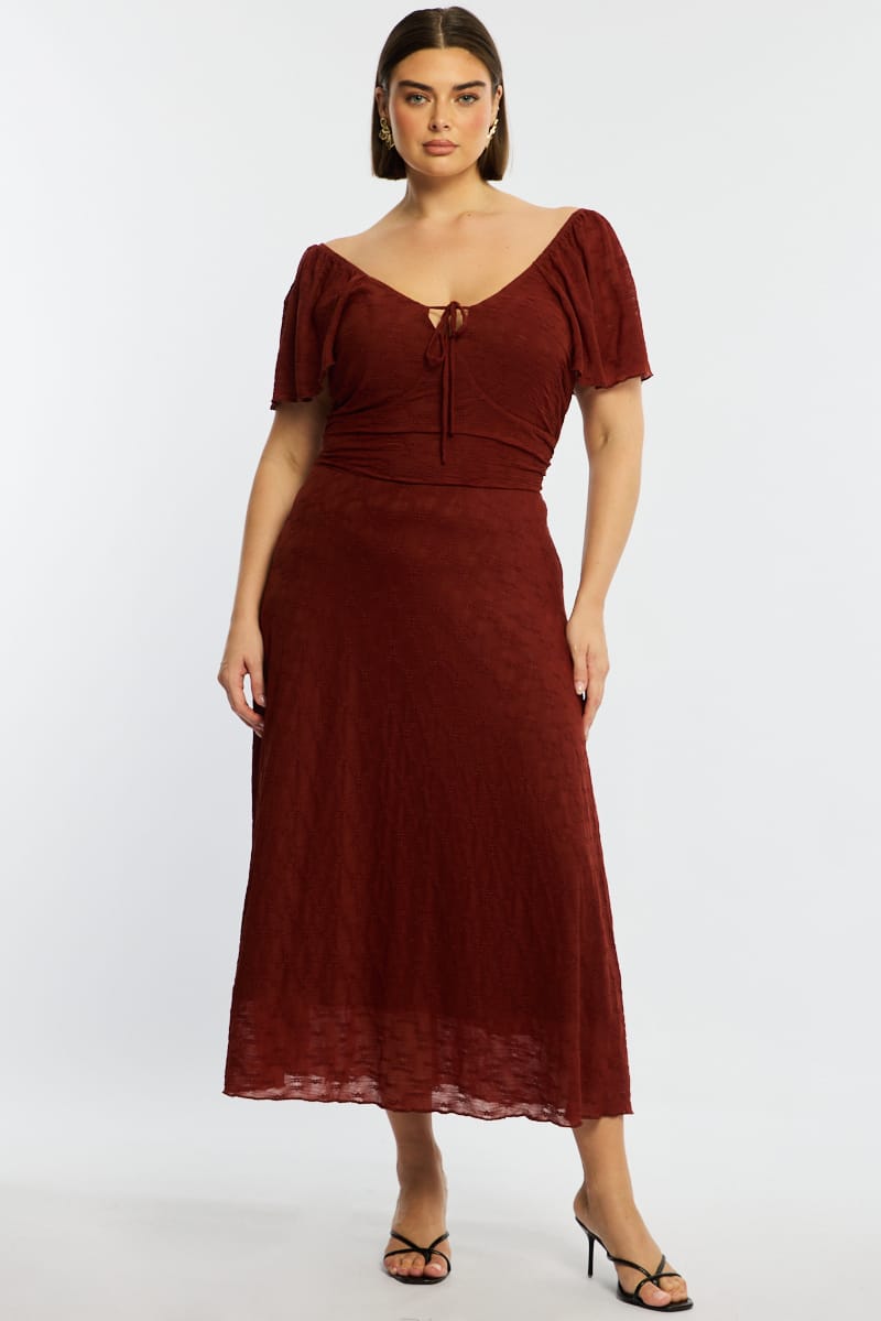 Brown Midi Dress Short Sleeve Lace