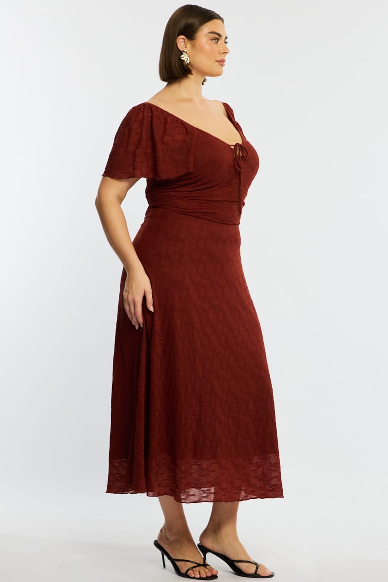 Brown Midi Dress Short Sleeve Lace for YouandAll Fashion