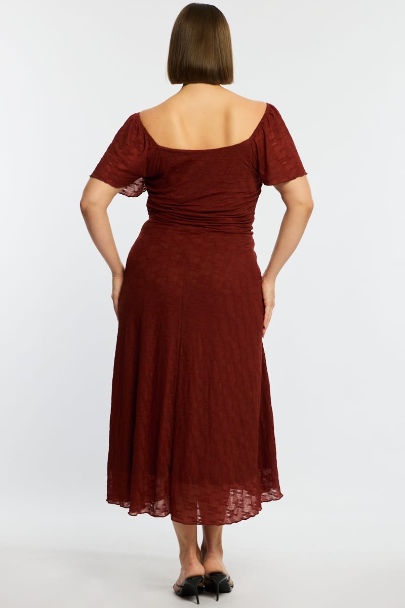 Brown Midi Dress Short Sleeve Lace
