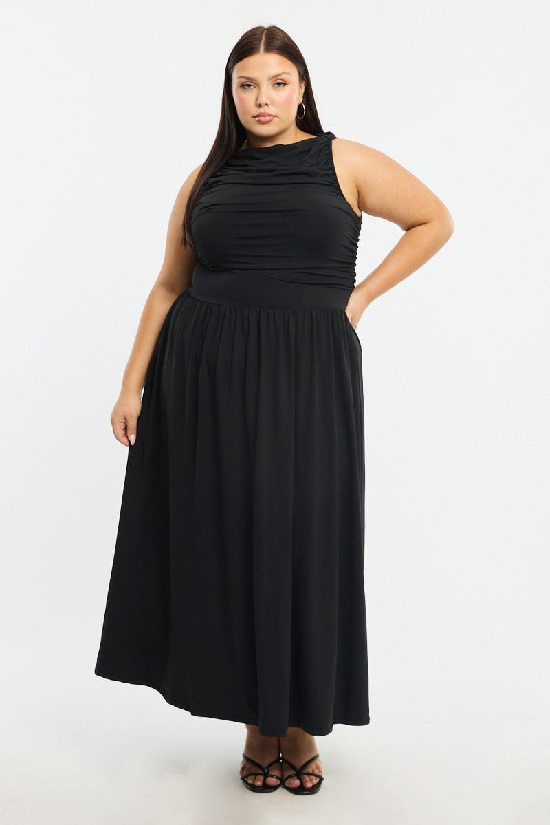 Black Maxi Dress Sleeveless Ruched for YouandAll Fashion