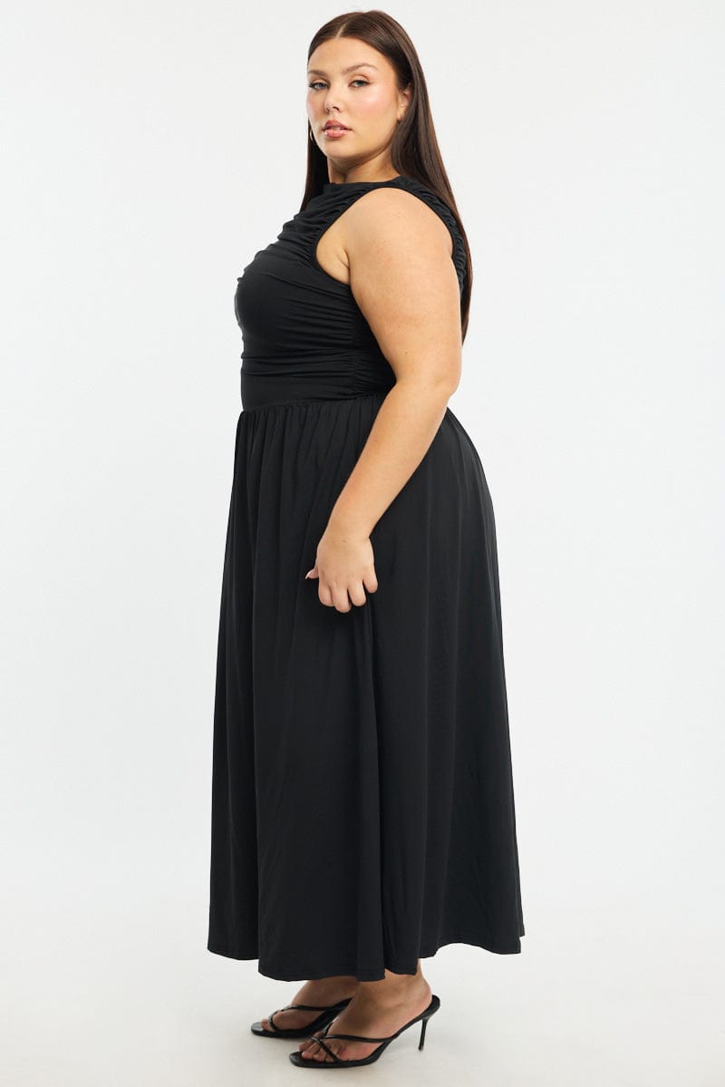 Black Maxi Dress Sleeveless Ruched for YouandAll Fashion