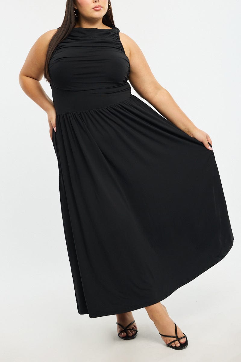 Black Maxi Dress Sleeveless Ruched for YouandAll Fashion