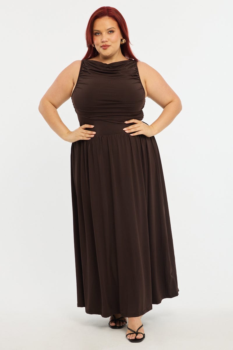 Brown Maxi Dress Sleeveless Ruched for YouandAll Fashion