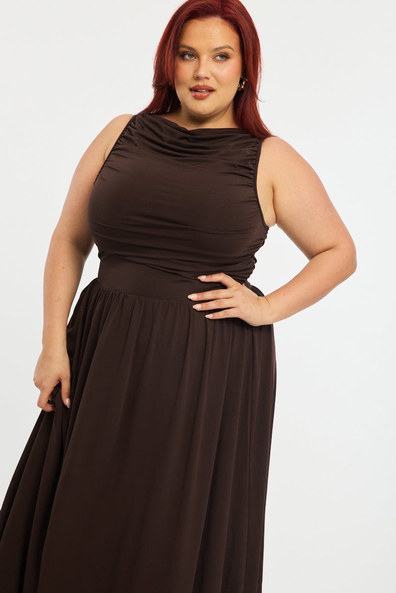 Brown Maxi Dress Sleeveless Ruched for YouandAll Fashion