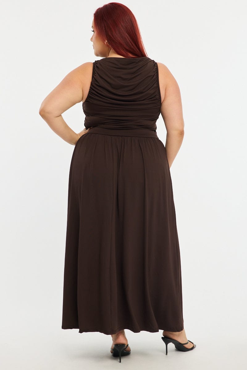 Brown Maxi Dress Sleeveless Ruched for YouandAll Fashion