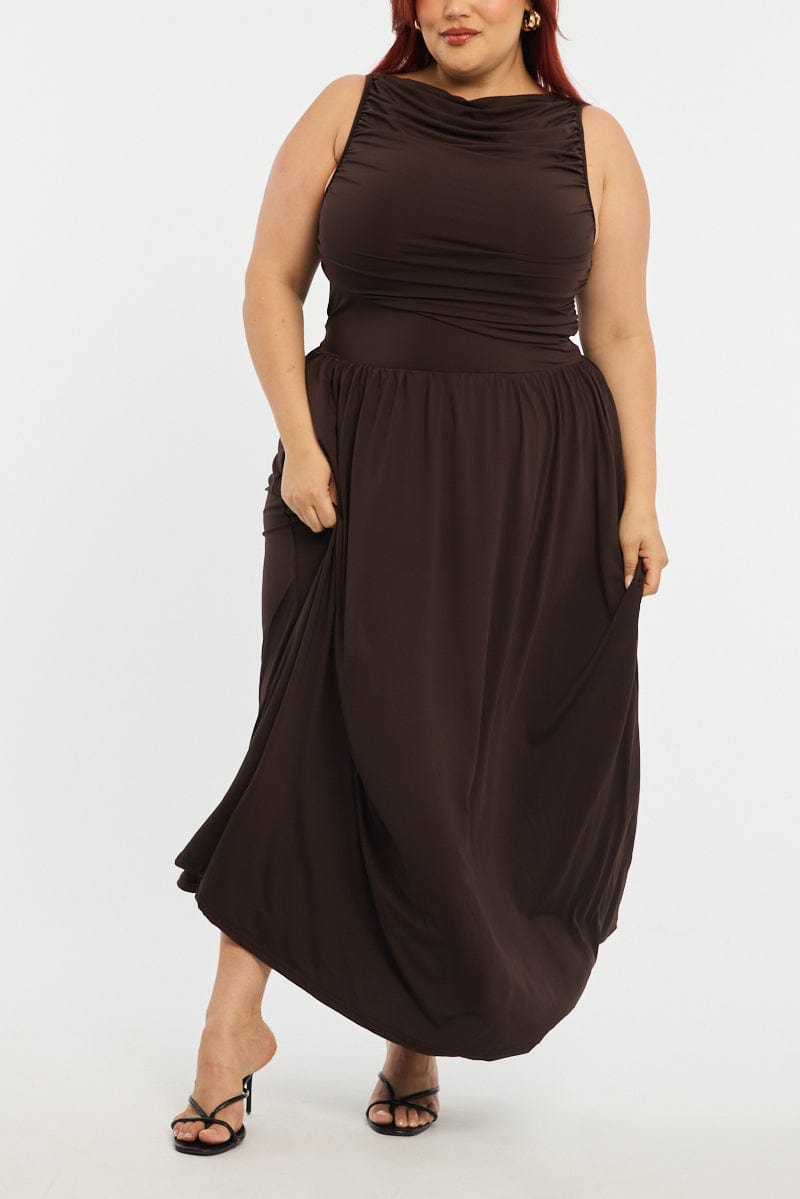 Brown Maxi Dress Sleeveless Ruched for YouandAll Fashion
