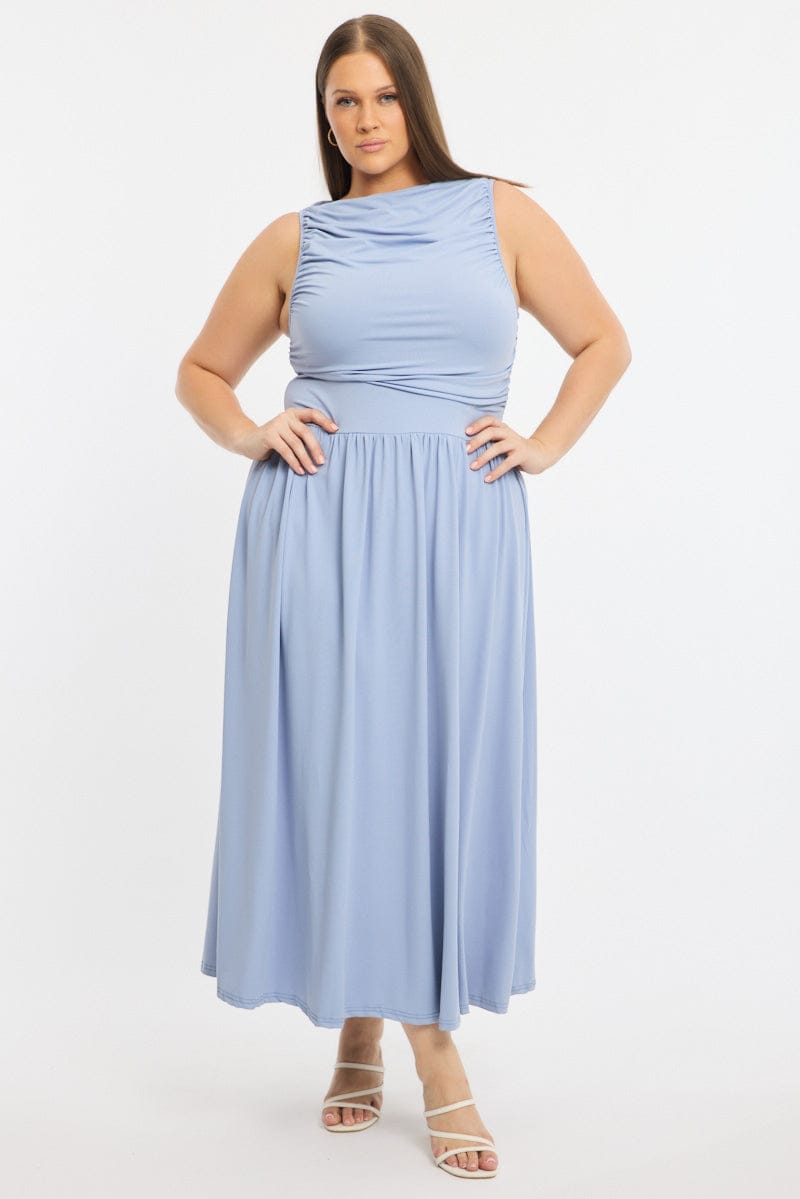 Blue Maxi Dress Sleeveless Ruched