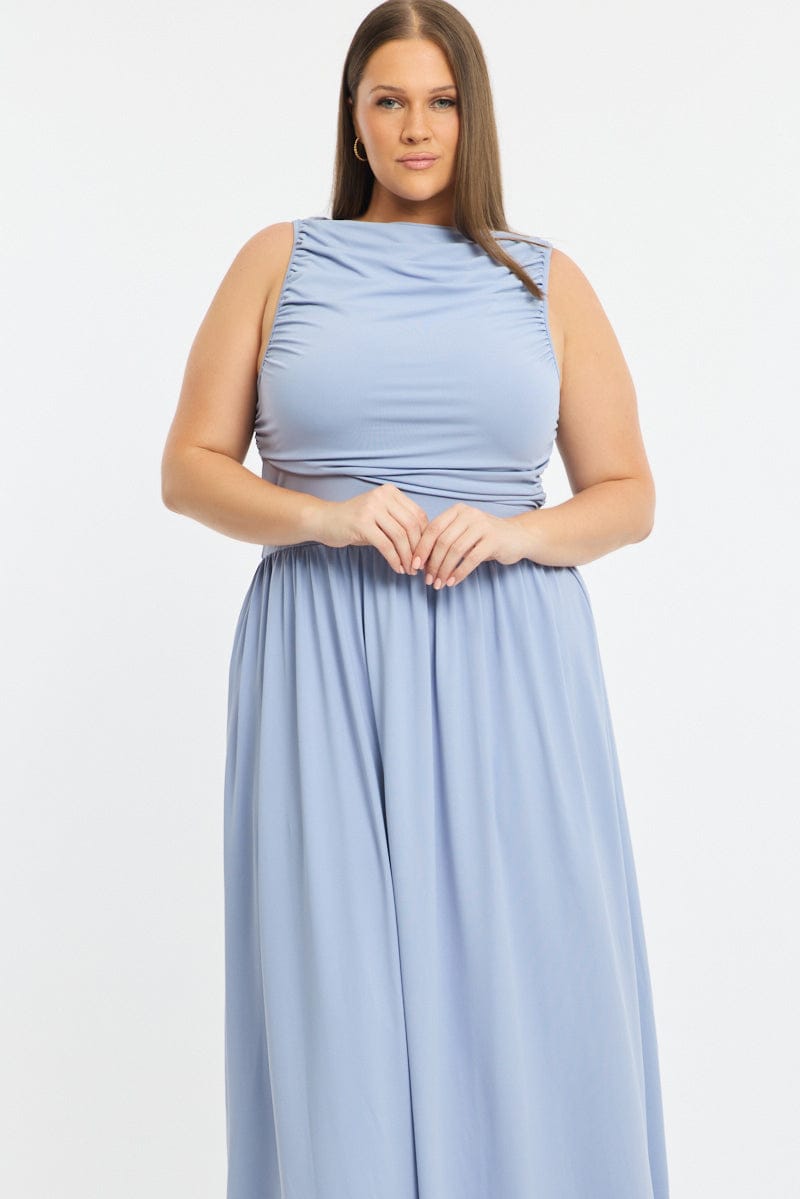 Blue Maxi Dress Sleeveless Ruched