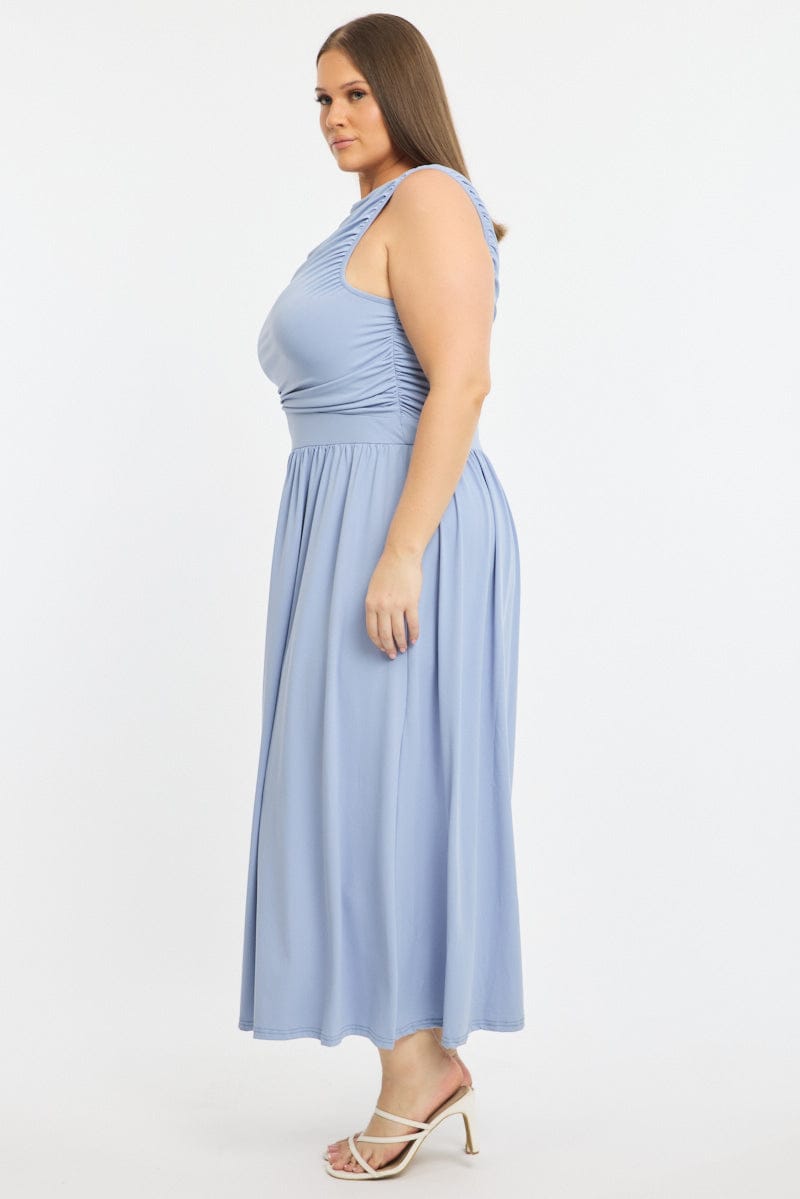 Blue Maxi Dress Sleeveless Ruched for YouandAll Fashion