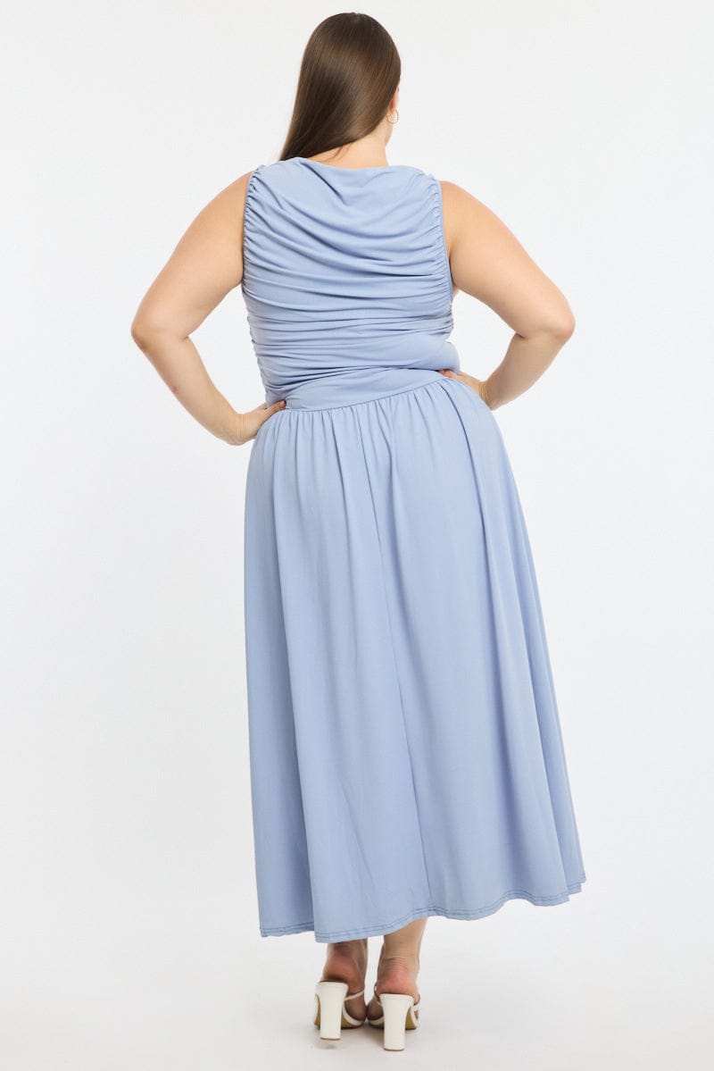 Blue Maxi Dress Sleeveless Ruched