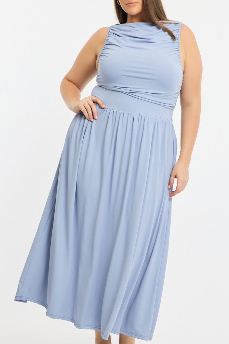 Blue Maxi Dress Sleeveless Ruched for YouandAll Fashion