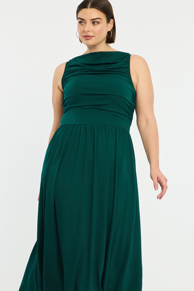 Green Maxi Dress Sleeveless Ruched for YouandAll Fashion