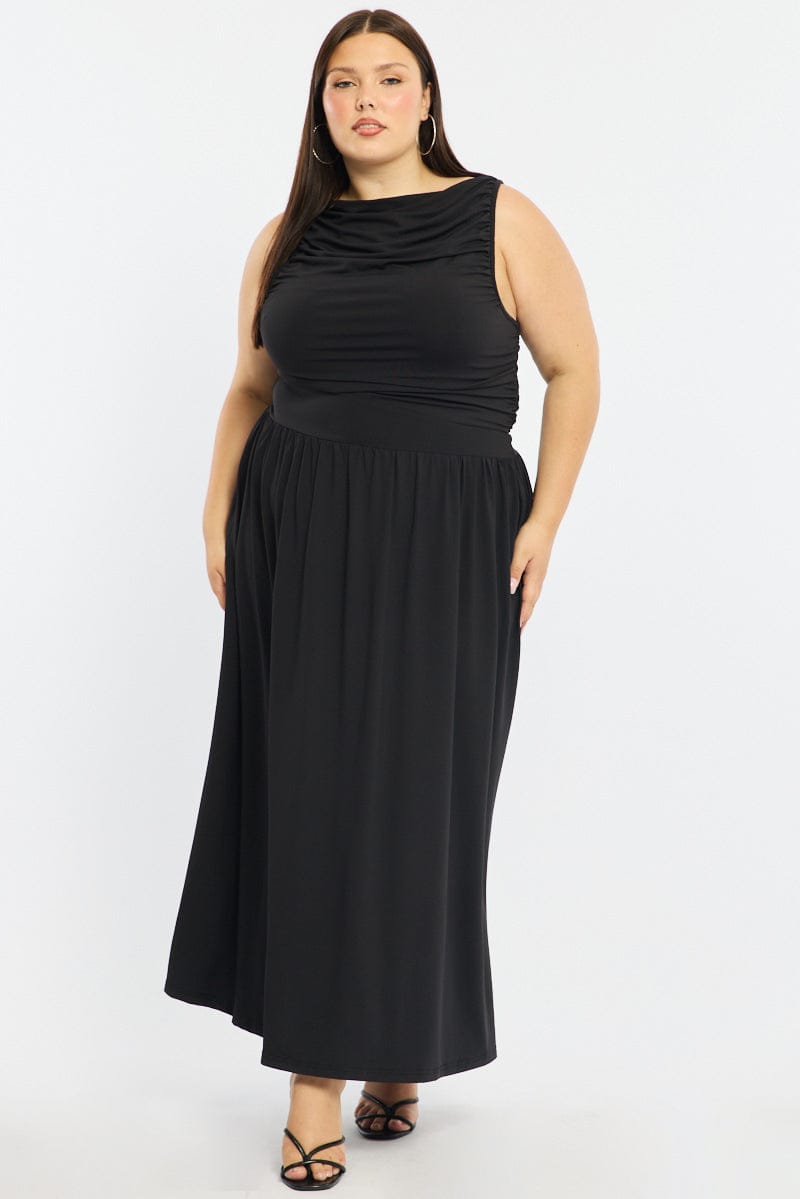Black Maxi Dress Sleeveless Ruched for YouandAll Fashion