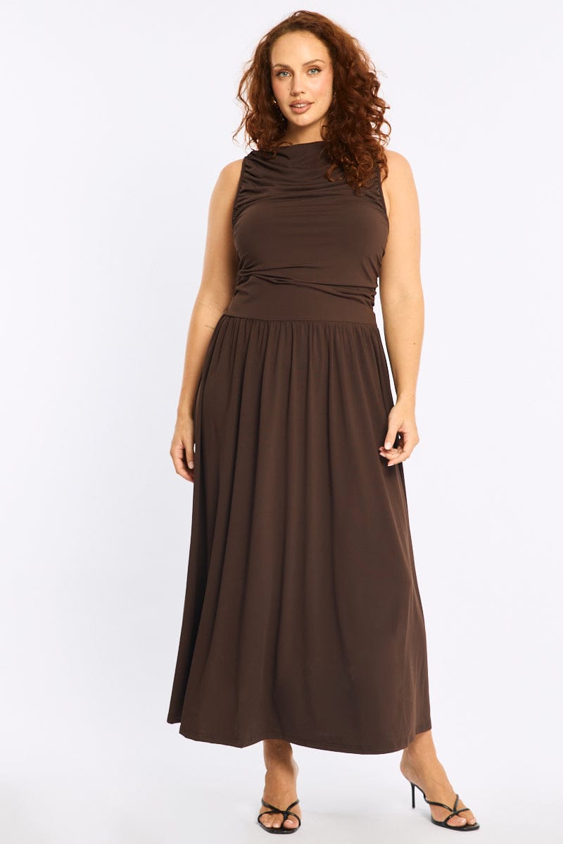 Brown Maxi Dress Sleeveless Ruched for YouandAll Fashion