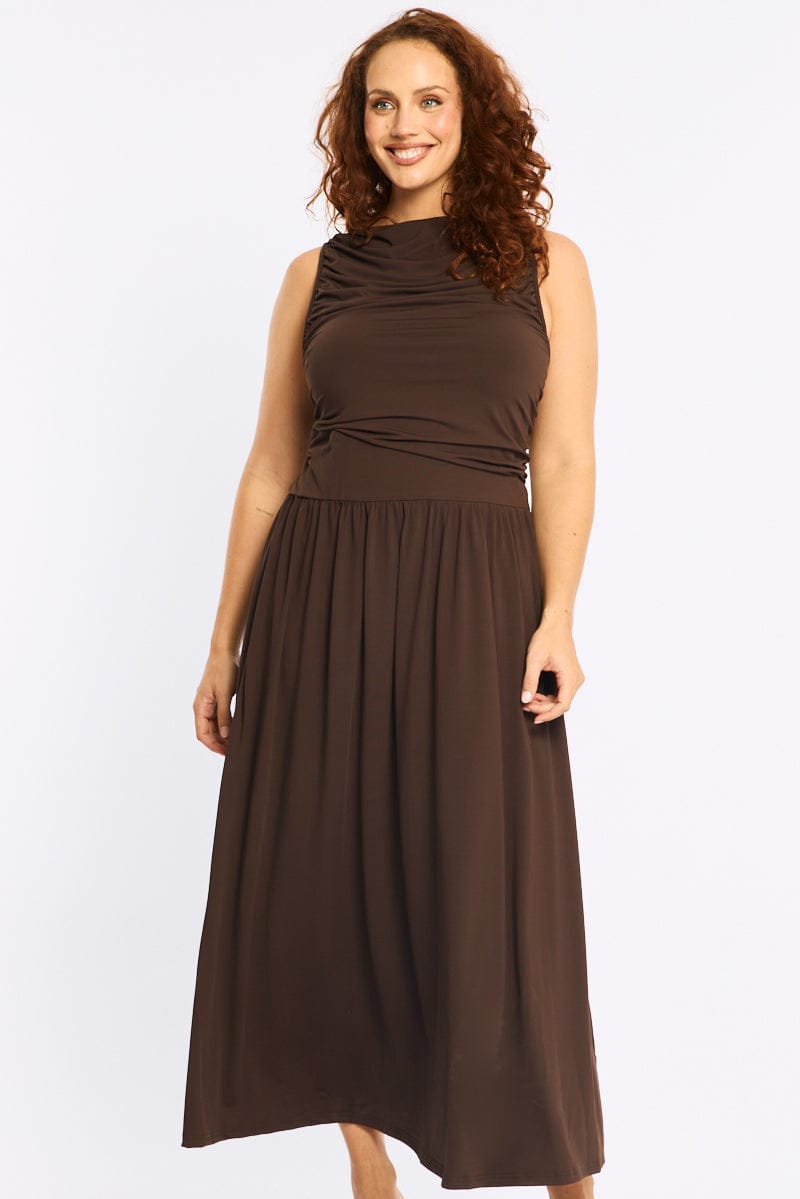 Brown Maxi Dress Sleeveless Ruched for YouandAll Fashion