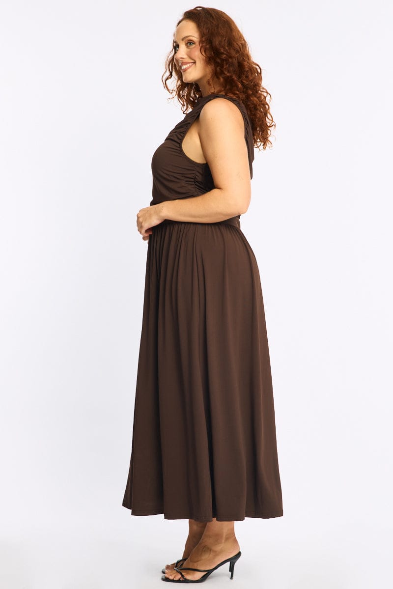 Brown Maxi Dress Sleeveless Ruched for YouandAll Fashion