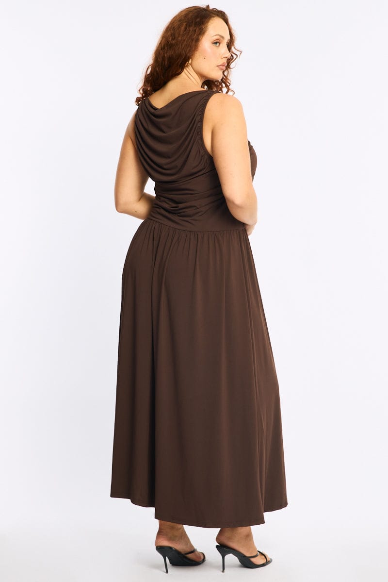 Brown Maxi Dress Sleeveless Ruched for YouandAll Fashion